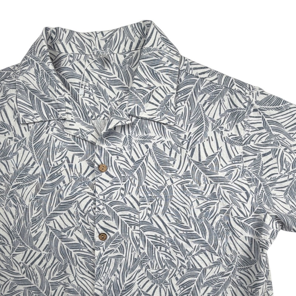 COOFANDY Mens Short Sleeve Button Down Shirt Blue White Tropical Palm Leaf Small